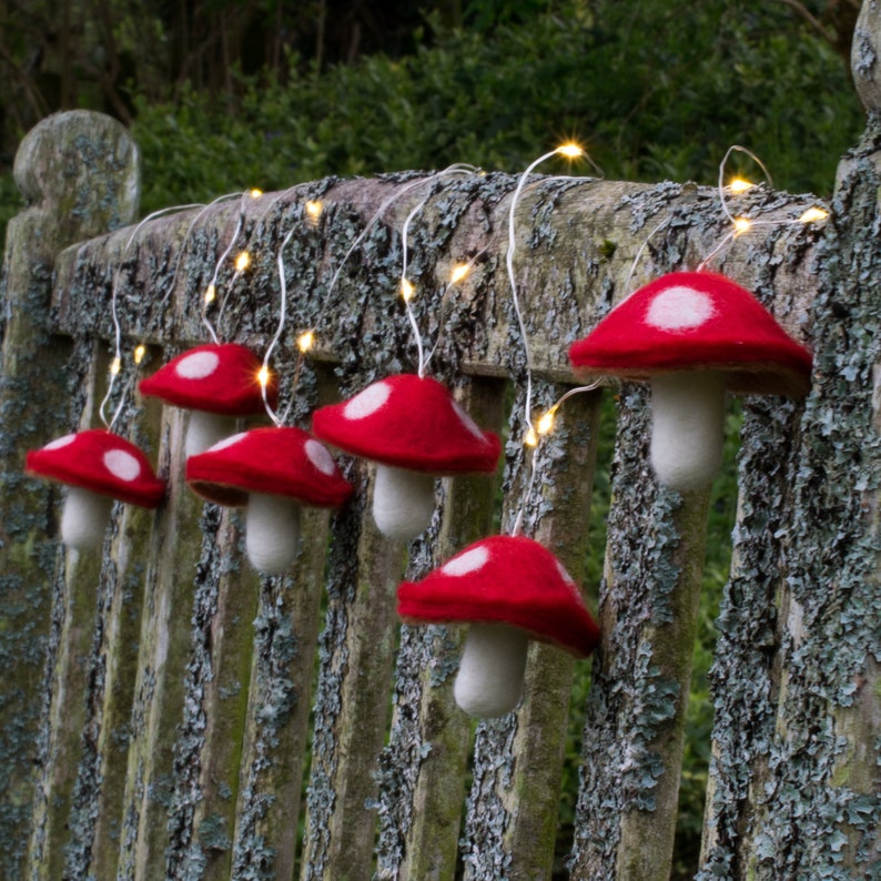 Felt mushroom fairy lights. Red and white magic mushroom garland. Warm white fairy lights. Autumn woodland decoration. image 2