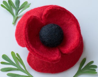 Felt Poppy Brooch -  Handmade felted merino wool red flower brooch.