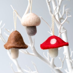 Felt mushroom set.  Three mushroom hanging decorations.  Autumnal woodland decor.  Mushroom Christmas ornament.