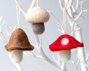 Felt mushroom set.  Three mushroom hanging decorations.  Autumnal woodland decor.  Mushroom Christmas ornament.