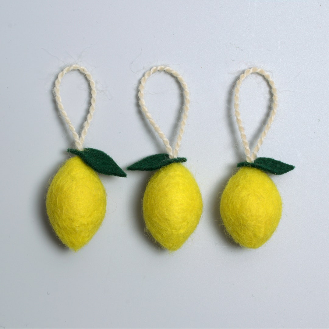 Mini Felt Lemon Hanging Decorations. Set of Three Miniature Fruit