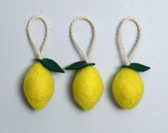 Mini felt lemon hanging decorations. Set of three miniature fruit decorations.