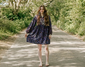 Florence Mini Dress - Midnight Sapphire Paisley Floral Rayon - XXS - M/L