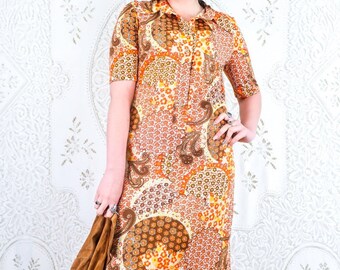 Vintage Midi Dress - Earth Tone Floral Clusters - Size S/M