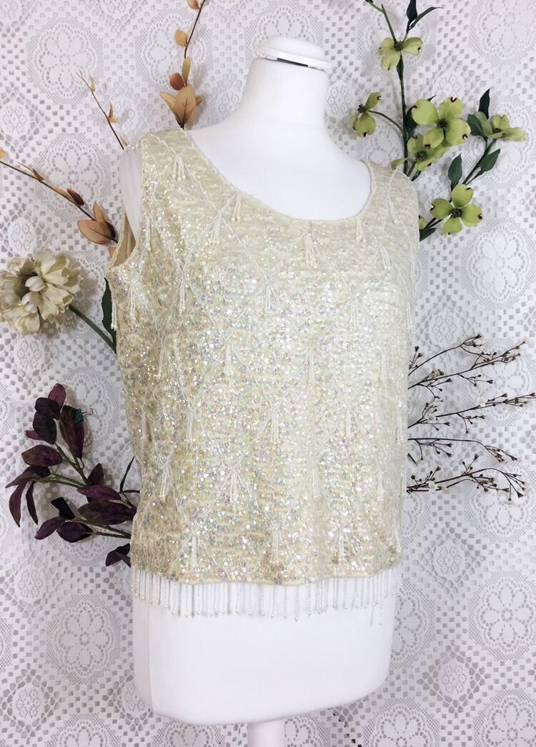 Image of Vintage ’S Sequin/Beaded Cream Party Top Size M
