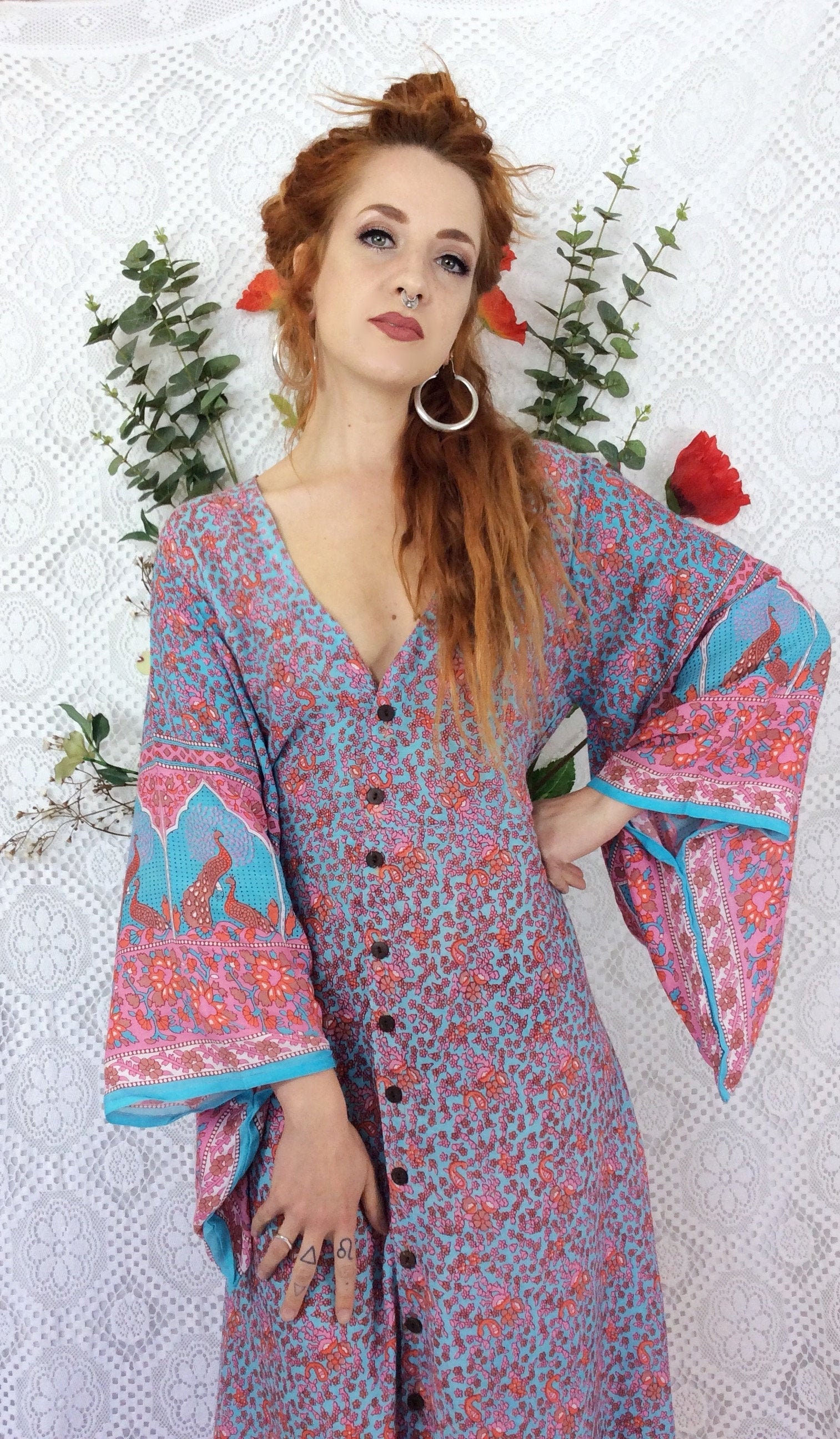 Image of Aqua/Pink/Coral Peacock Floral Maxi Button Down Dress/Kimono Size M/L