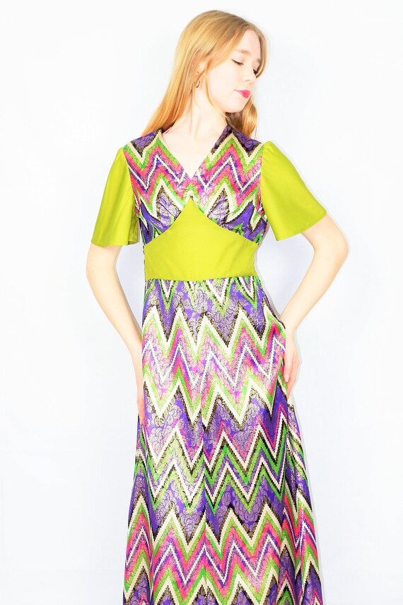 70's Vintage Party Dress - Chartreuse, Pink & Purp