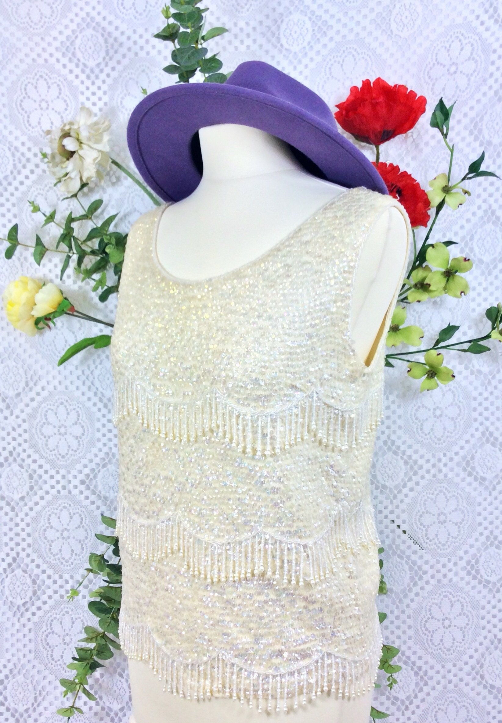 Image of Vintage S Sequin Tassel Top - Iridescent Pearl Size S/M