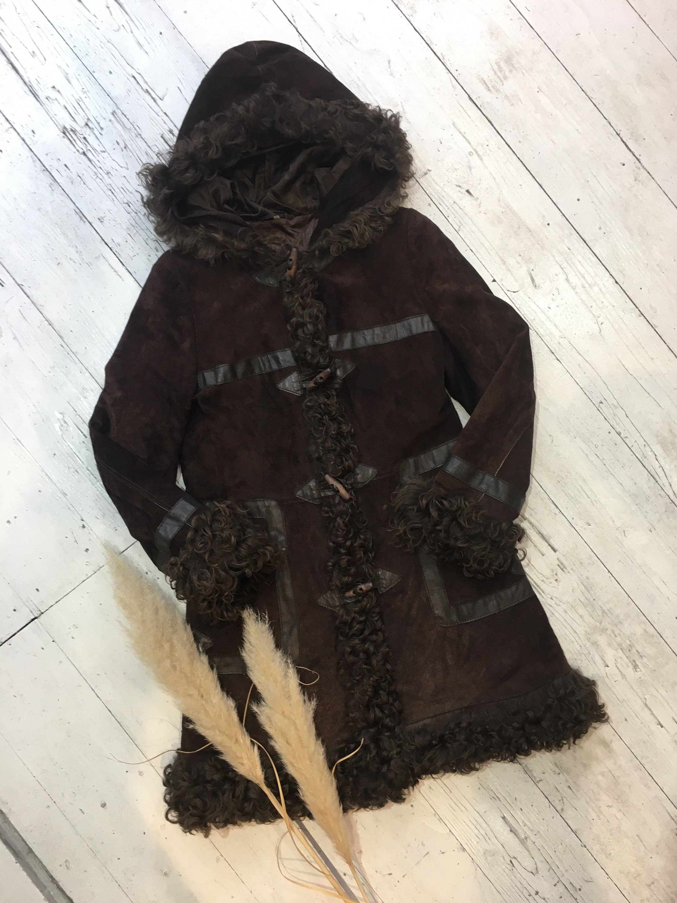 Image of Vintage Chocolate Brown Hooded Suede Duffle Coat - Size S