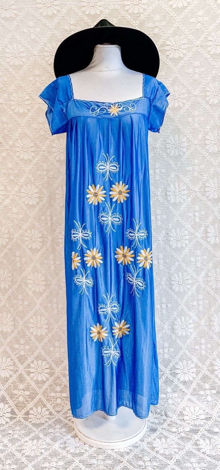 Image of Vintage S Denim Blue Embroidered Dress - Xxs Xs