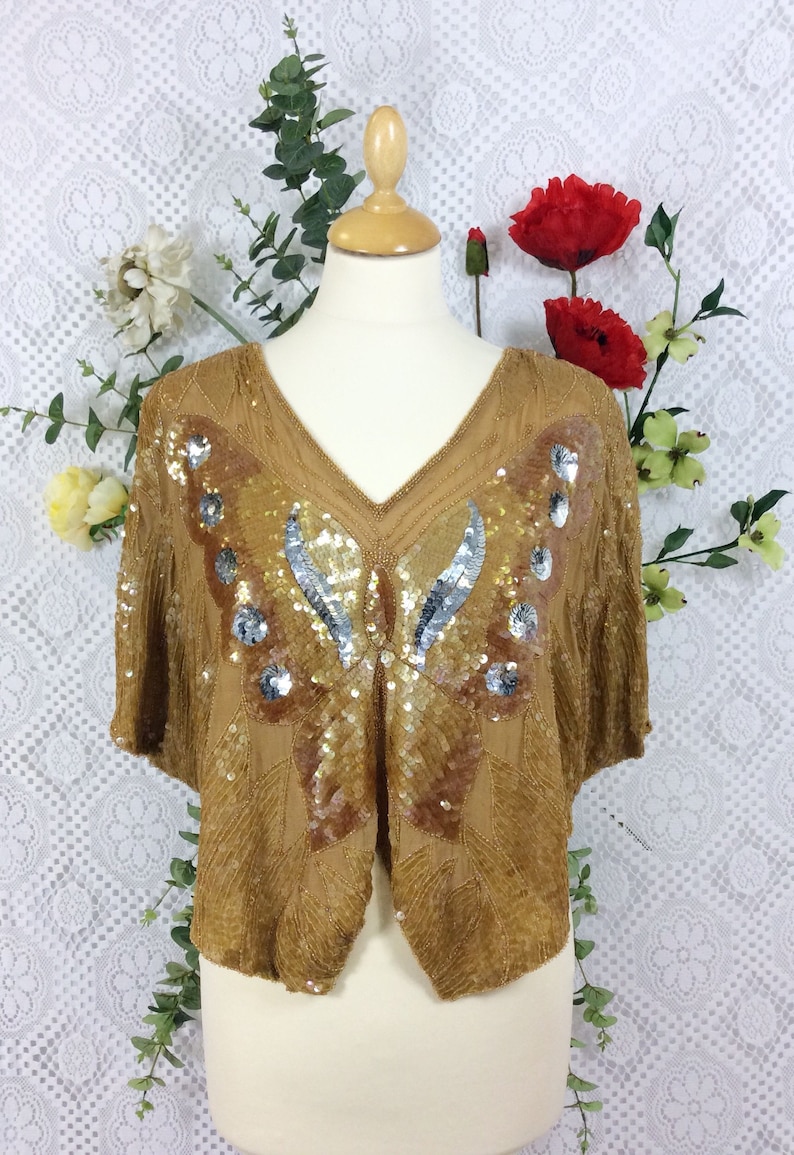 Bronze /& Ginger Vintage Beaded Silk and Sequin Butterfly Top Free Size