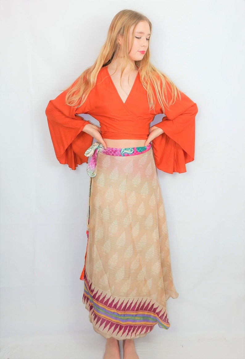 Flamingo /& Caribbean Green Paisley Stripe Free Size Vintage Indian Sari Reversible Wrap Maxi Skirt