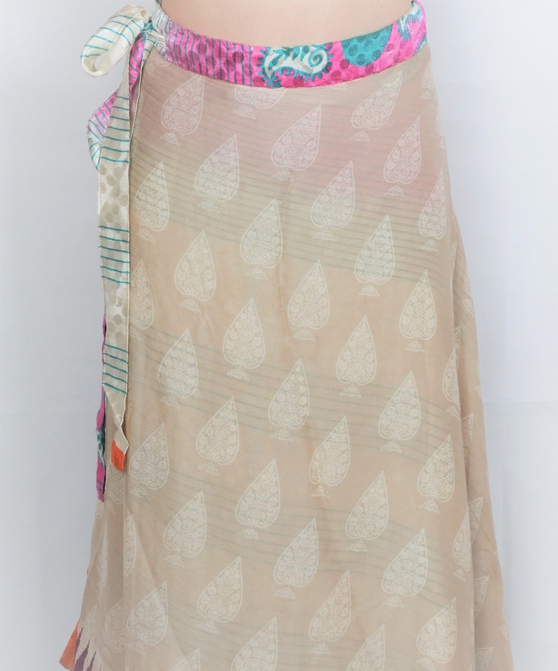 Flamingo /& Caribbean Green Paisley Stripe Free Size Vintage Indian Sari Reversible Wrap Maxi Skirt