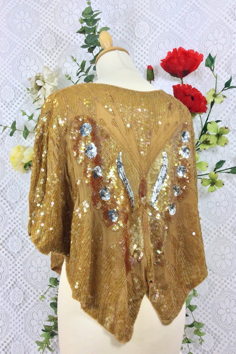 Bronze /& Ginger Vintage Beaded Silk and Sequin Butterfly Top Free Size