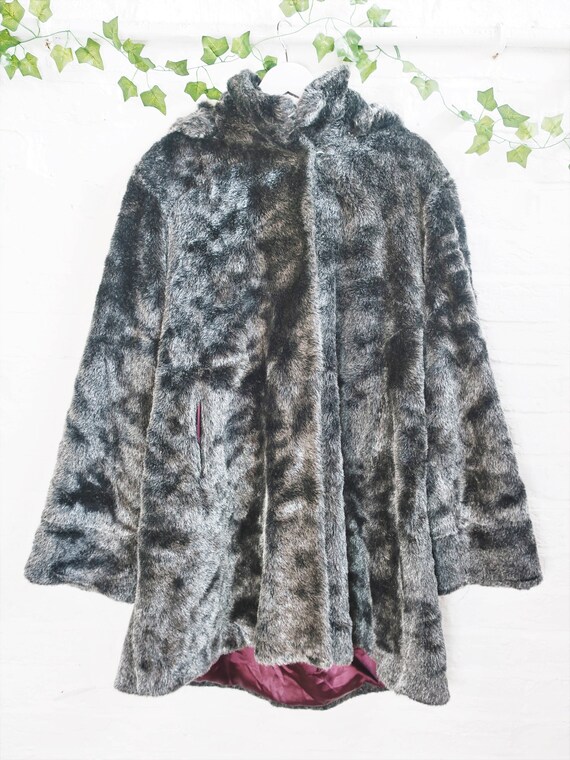 Vintage Faux Fur Coat - Silver & Black - Size L/XL