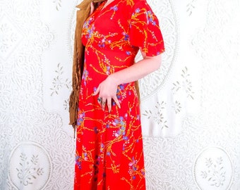 Vintage Maxi Dress - Strawberry Red Floral - Size XS