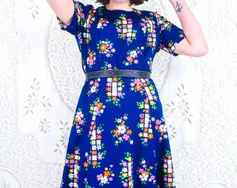 Vintage Midi Dress - Indigo Floral Cobbles - Size M/L