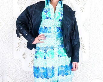 Vintage Button Down Mini Dress - Cerulean & Mint Floral - Size XS