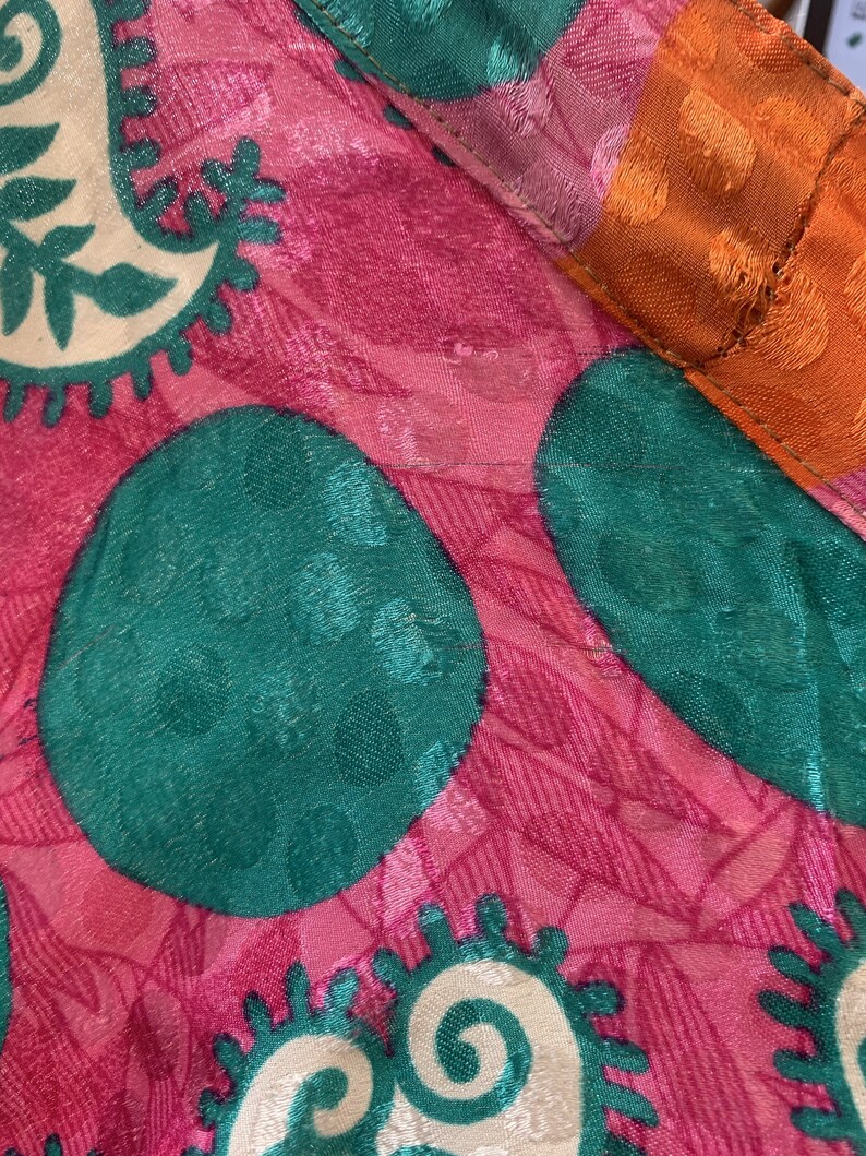 Flamingo /& Caribbean Green Paisley Stripe Free Size Vintage Indian Sari Reversible Wrap Maxi Skirt