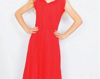 Vintage Midi Dress - Poppy Red Sleeveless Broderie Anglaise - Size XS