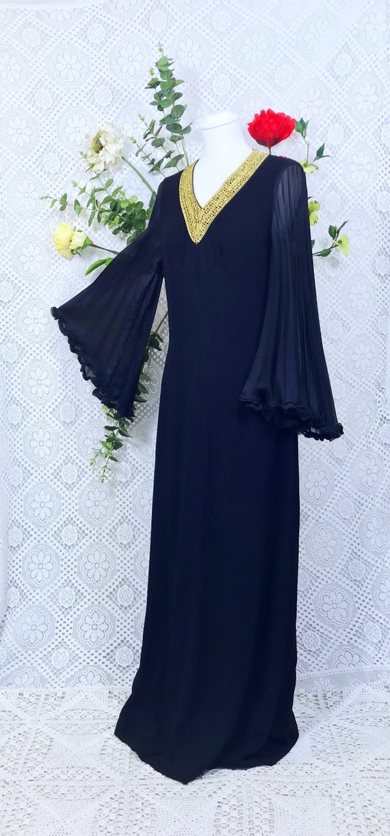 Vintage 70s long black ruffle sleeve maxi size S/M