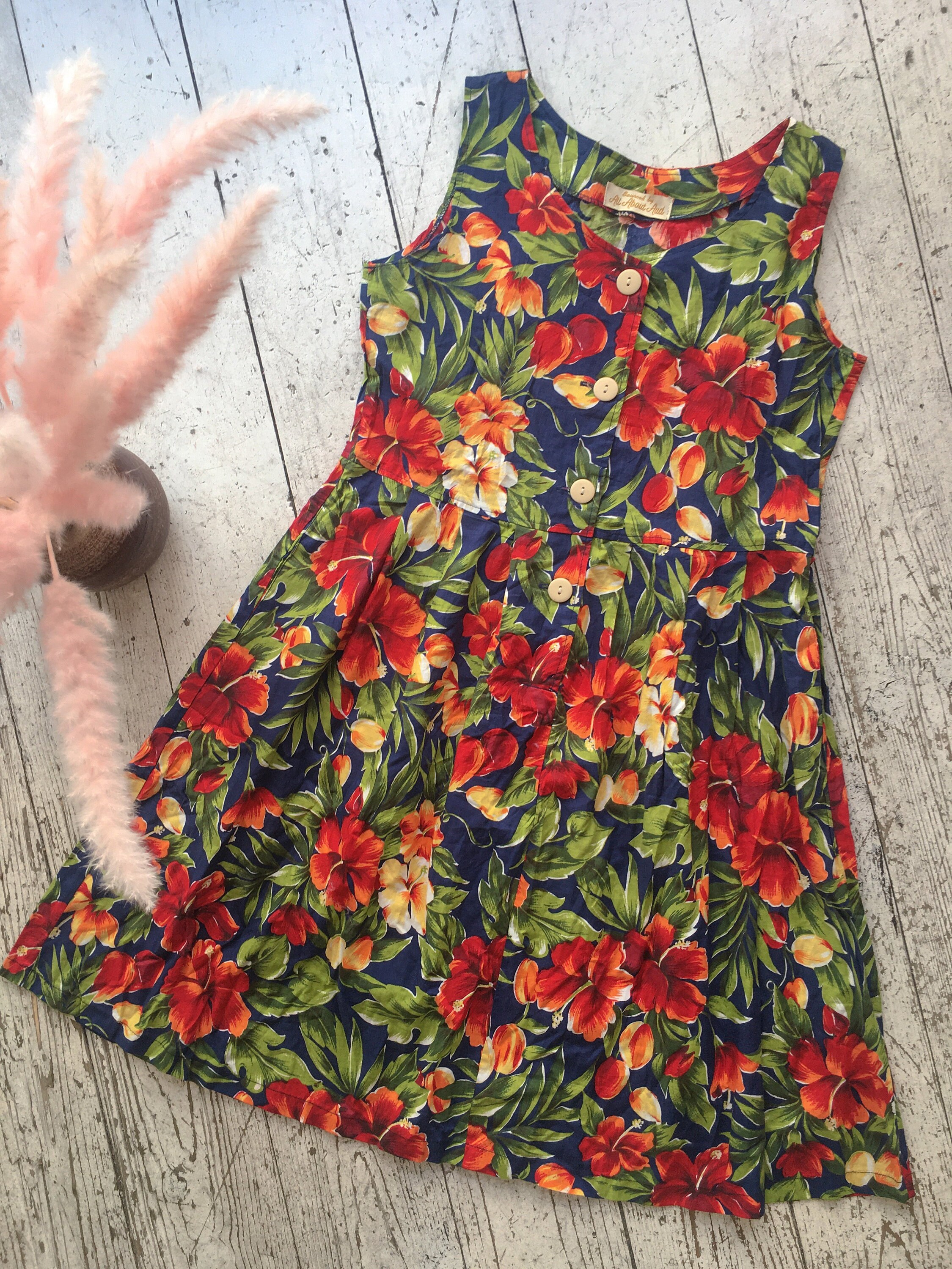 Image of Bold Navy Blue Floral Retro Day Dress - Size S/M