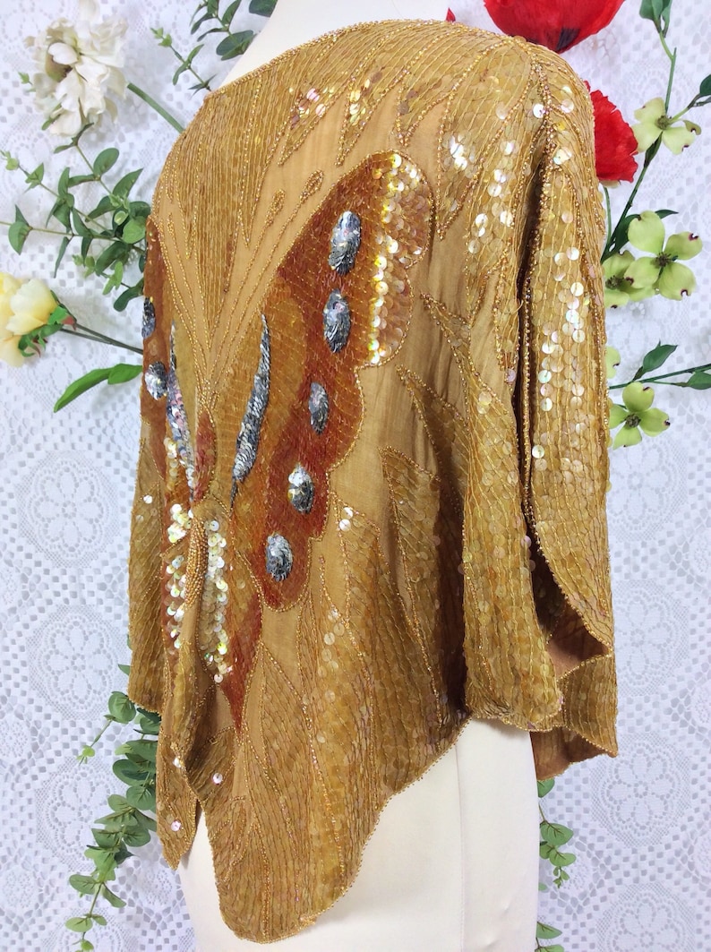 Bronze /& Ginger Vintage Beaded Silk and Sequin Butterfly Top Free Size