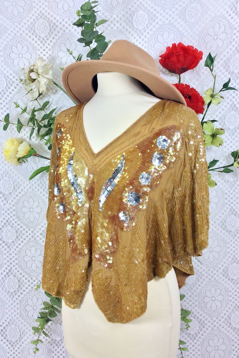 Bronze /& Ginger Vintage Beaded Silk and Sequin Butterfly Top Free Size