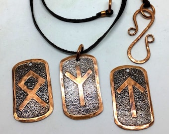 CHOOSE YOUR RUNE Copper & Leather Necklace - Elder Futhark Rune Stave Necklace - Runic Viking Etched Talisman