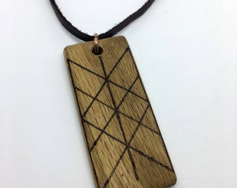 Oak & Leather Web of the Wyrd Rune Talisman - Norn - Wood Burned Elder Futhark Runic Necklace - Asatru Heathen Viking