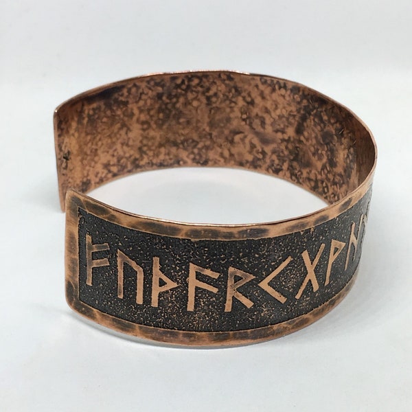 Hammered Copper Rune Cuff Bracelet - Elder Futhark Etched Into Copper - Viking Runestones Norse Heathen Asatru Pagan Odin Thor Ragnar
