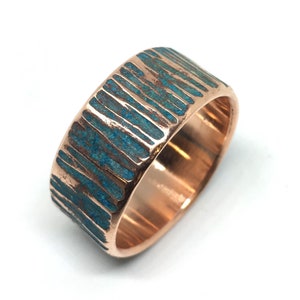 Copper Ring - Rustic Hammered w/ Blue/Green Oxide Verdigris Finish 10mm Band - Wedding Band