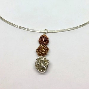 Hammered Sterling Silver Torc Necklace w/ Handspun Silver - Bronze - Copper Beads