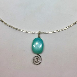 Hammered Sterling Silver Torc Necklace w/ Amazonite Gemstone Spiral Pendant image 1