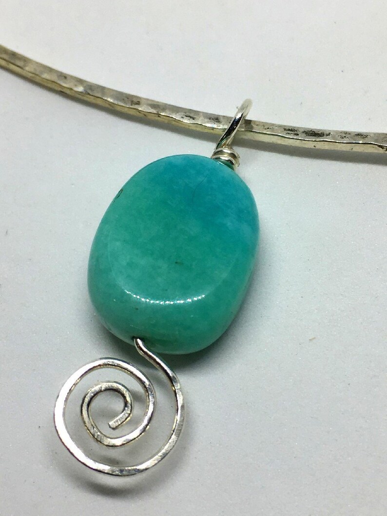 Hammered Sterling Silver Torc Necklace w/ Amazonite Gemstone Spiral Pendant image 2