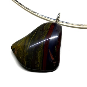 Sterling Silver Torc - Tiger Iron Gemstone Necklace - Hammered 925 Sterling Silver