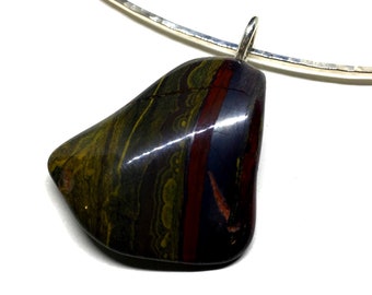 Sterling Silver Torc - Tiger Iron Gemstone Necklace - Hammered 925 Sterling Silver