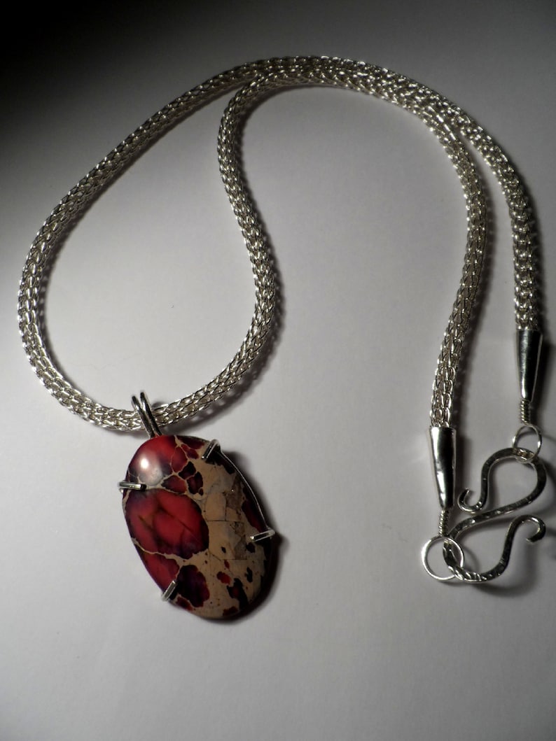 Pink / Purple Sea Sediment Jasper on .999 Fine Silver Viking Knit chain 100% Pure Silver Genuine Silver & Gemstone image 1