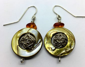 Spun Sterling Silver Earrings w/ Mother of Pearl and Natural Baltic Amber