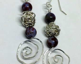 Fine Silver & Jasper Spiral Earrings - Handmade w/ Genuine Jasper Gemstones - Hand Spun Silver Dangle Hook Earrings