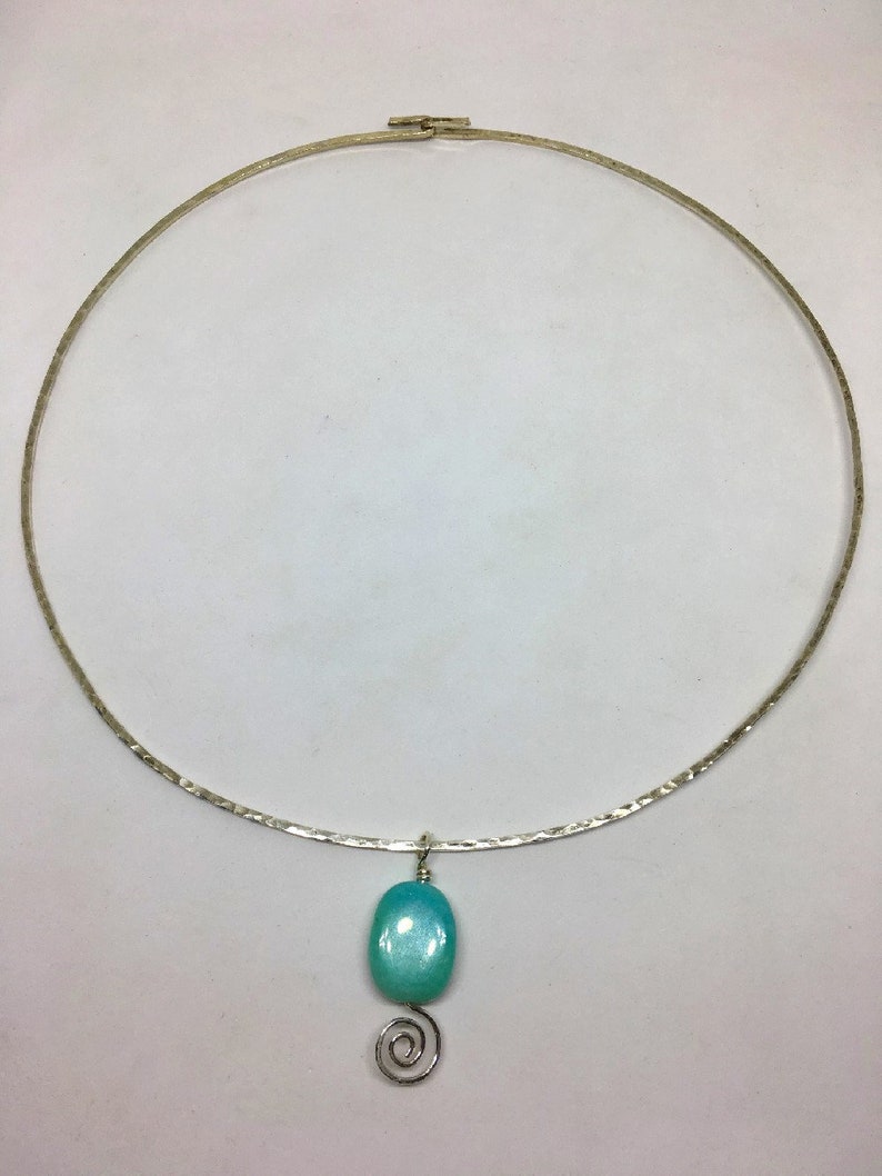 Hammered Sterling Silver Torc Necklace w/ Amazonite Gemstone Spiral Pendant image 1