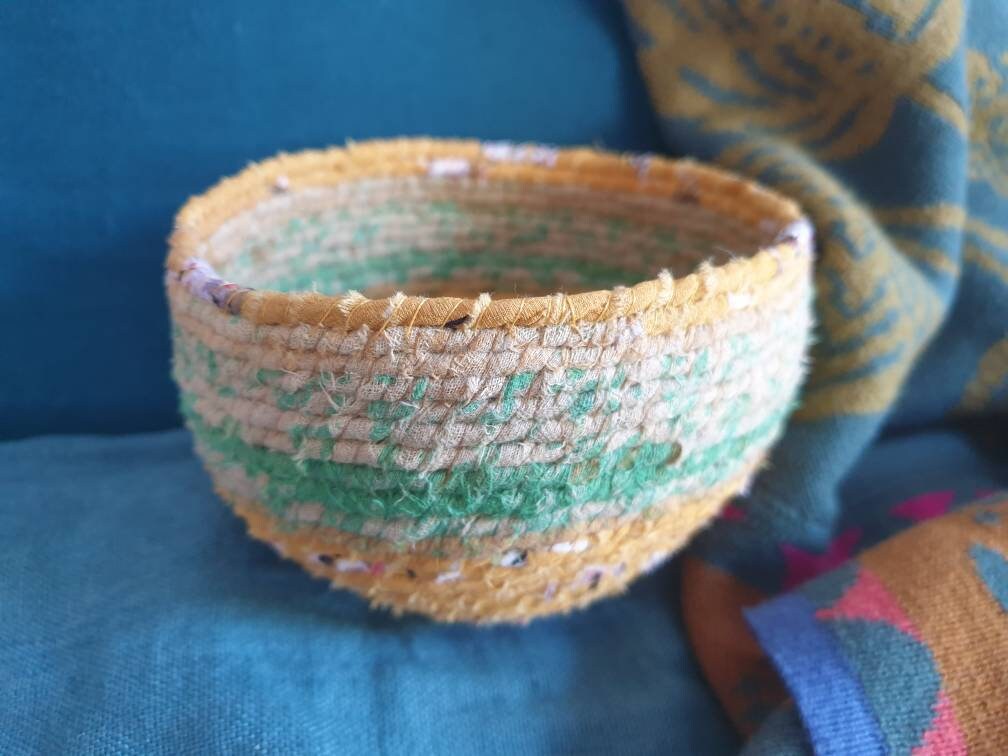 Panier Textile, Jaune, Vert, Fait Main, Unique