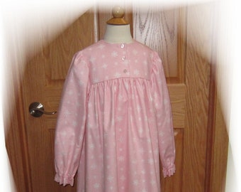 Girls Size 12 - Flannel Lounge Dress in White Snowflakes on Pink - 100% Cotton Flannel