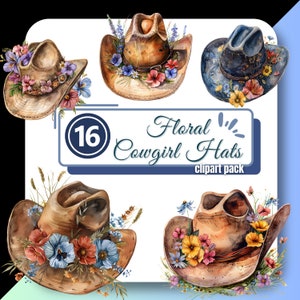 Op de afbeelding: Een set van 16 aquarel clipart afbeeldingen van bloemencowgirlhoeden. De hoeden zijn in verschillende kleuren en stijlen, versierd met bloemen en groen. De tekst "Floral Cowgirl Hats clipart pack" is in de afbeelding opgenomen.