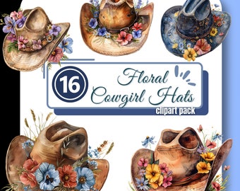 Floral Cowgirl Hat Clipart, Cowboy Hat Clip Art Sublimation, Wildflower PNG, Digital Download, Commercial Use, Western graphics for Creators