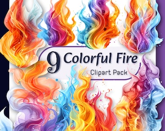 Kleurrijke RAINBOW FIRE clipart png, aquarel kampvuur vlammen, digitale download voor ambachten, commercieel gebruik, vurige vlammen voor scrapbooking