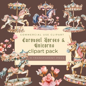 Ensemble cheval de manège et licorne | Carrousel | Utilisation commerciale | Licornes de carnaval | Licorne png | Fête foraine | Cheval Svg | Clipart Carrousel