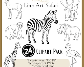 Line Art Safari Animals Clipart • African Jungle Wildlife Outline Drawings • Digital Download/Commercial Use