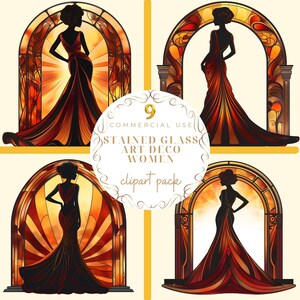 May include: Set of four digital illustrations of women in art deco style stained glass windows. The women are wearing long gowns and are silhouetted against a background of colorful stained glass.
