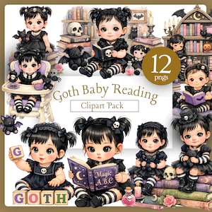 Puede incluir: Paquete de imágenes prediseñadas digitales con 12 imágenes PNG de ilustraciones de bebés góticos. Los bebés visten vestidos negros, leen libros y están rodeados de accesorios góticos como murciélagos, calaveras y botellas de pociones. Se muestra el texto "Goth Baby Reading Clipart Pack".